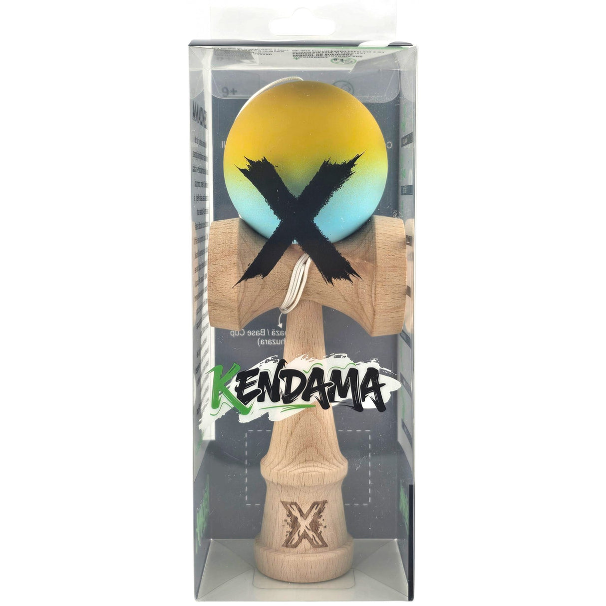 Kendama X Originala, Profesionala, Flippy, din Lemn, Rubber Grip, 18 cm, Galben/Albastru - vivimall.ro