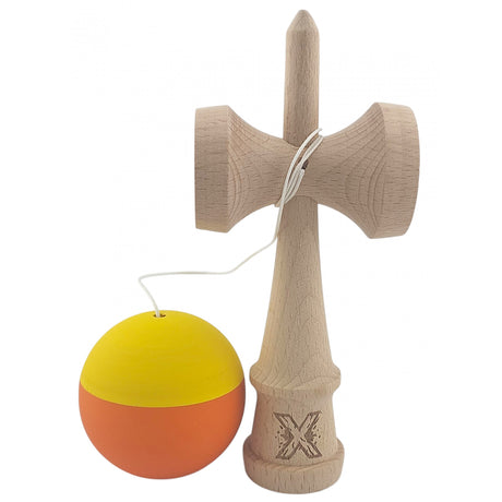 Kendama X Originala, Profesionala, Vivimall, din Lemn, Rubber Grip, 18 cm, Galben/Portocaliu - vivimall.ro