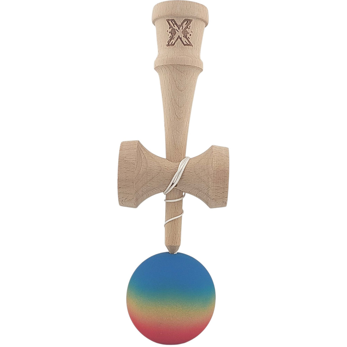 Kendama X Originala, Profesionala, Vivimall, din Lemn, Rubber Grip, 18 cm, Gradient Albastru/Galben/Rosu - vivimall.ro