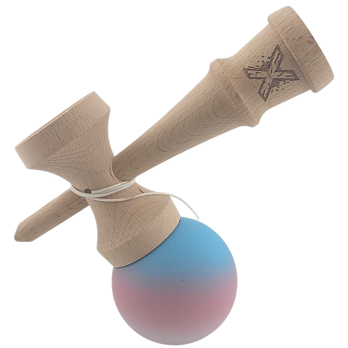 Kendama X Originala, Profesionala, Flippy, din Lemn, Rubber Grip, 18 cm, Gradient Albastru/Roz/Alb
