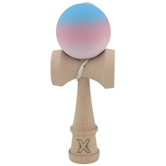 Kendama X Originala, Profesionala, Vivimall, din Lemn, Rubber Grip, 18 cm, Gradient Albastru/Roz/Alb - vivimall.ro