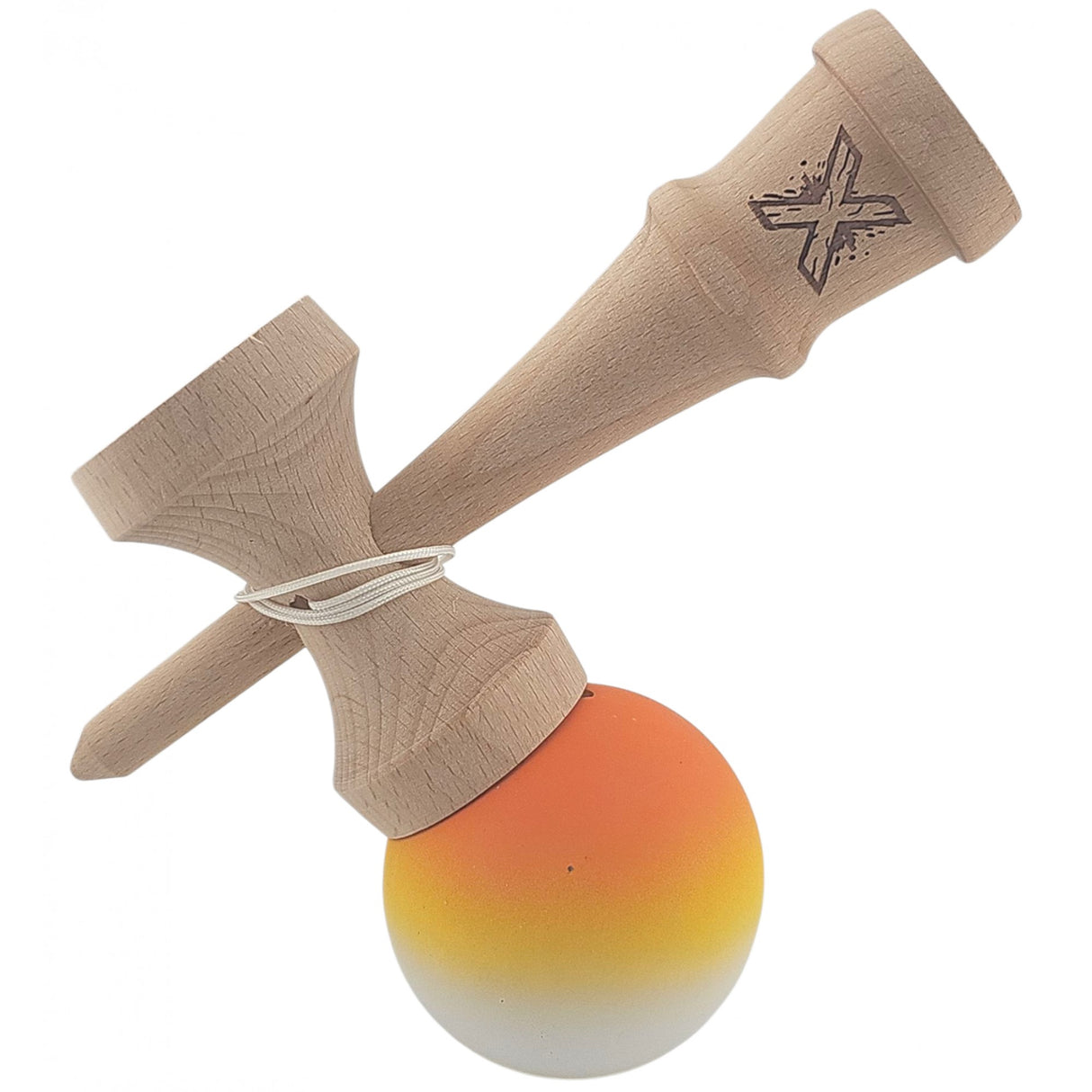 Kendama X Originala, Profesionala, Vivimall, din Lemn, Rubber Grip, 18 cm, Gradient Rosu Galben Alb - vivimall.ro