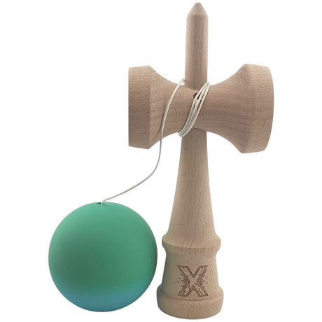 Kendama X Originala, Profesionala, Vivimall, din Lemn, Rubber Grip, 18 cm, Gradient Turcoaz/Alb - vivimall.ro