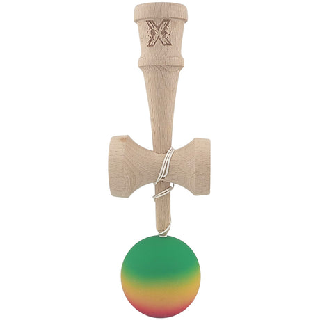 Kendama X Originala, Profesionala, Vivimall, din Lemn, Rubber Grip, 18 cm, Gradient Verde/Galben/Rosu - vivimall.ro