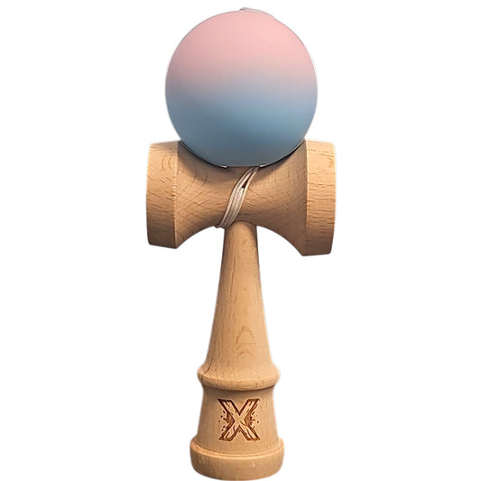 Kendama X Originala, Profesionala, Vivimall, din Lemn, Rubber Grip, 18 cm, Lila/Turcoaz - vivimall.ro