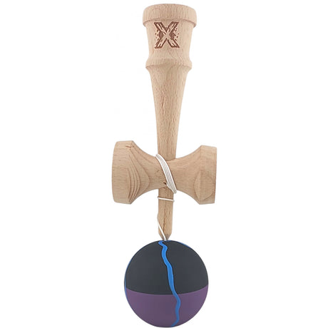 Kendama X Originala, Profesionala, Vivimall, din Lemn, Rubber Grip, 18 cm, Negru/Mov/Albastru - vivimall.ro