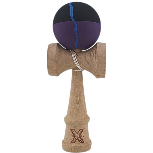 Kendama X Originala, Profesionala, Vivimall, din Lemn, Rubber Grip, 18 cm, Negru/Mov/Albastru - vivimall.ro