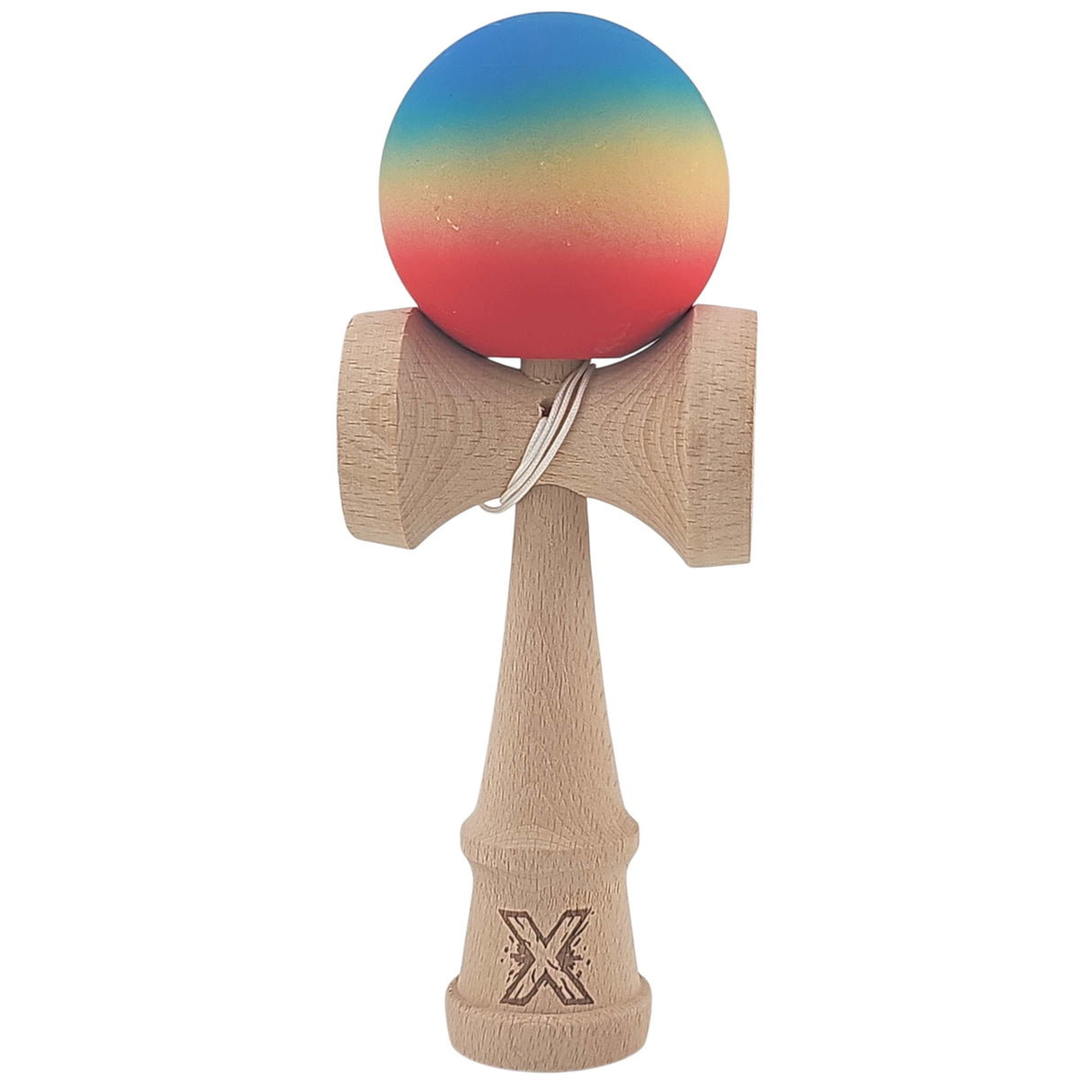 Kendama X Originala, Profesionala, Vivimall, din Lemn, Rubber Grip, 18 cm, Rosu/Galben/Albastru - vivimall.ro