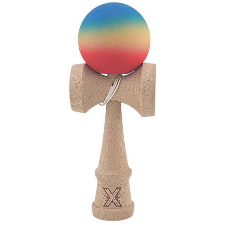 Kendama X Originala, Profesionala, Vivimall, din Lemn, Rubber Grip, 18 cm, Rosu/Galben/Albastru - vivimall.ro