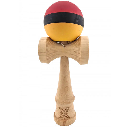 Kendama X Originala, Profesionala, Vivimall, din Lemn, Rubber Grip, 18 cm, Rosu/Negru/Galben - vivimall.ro