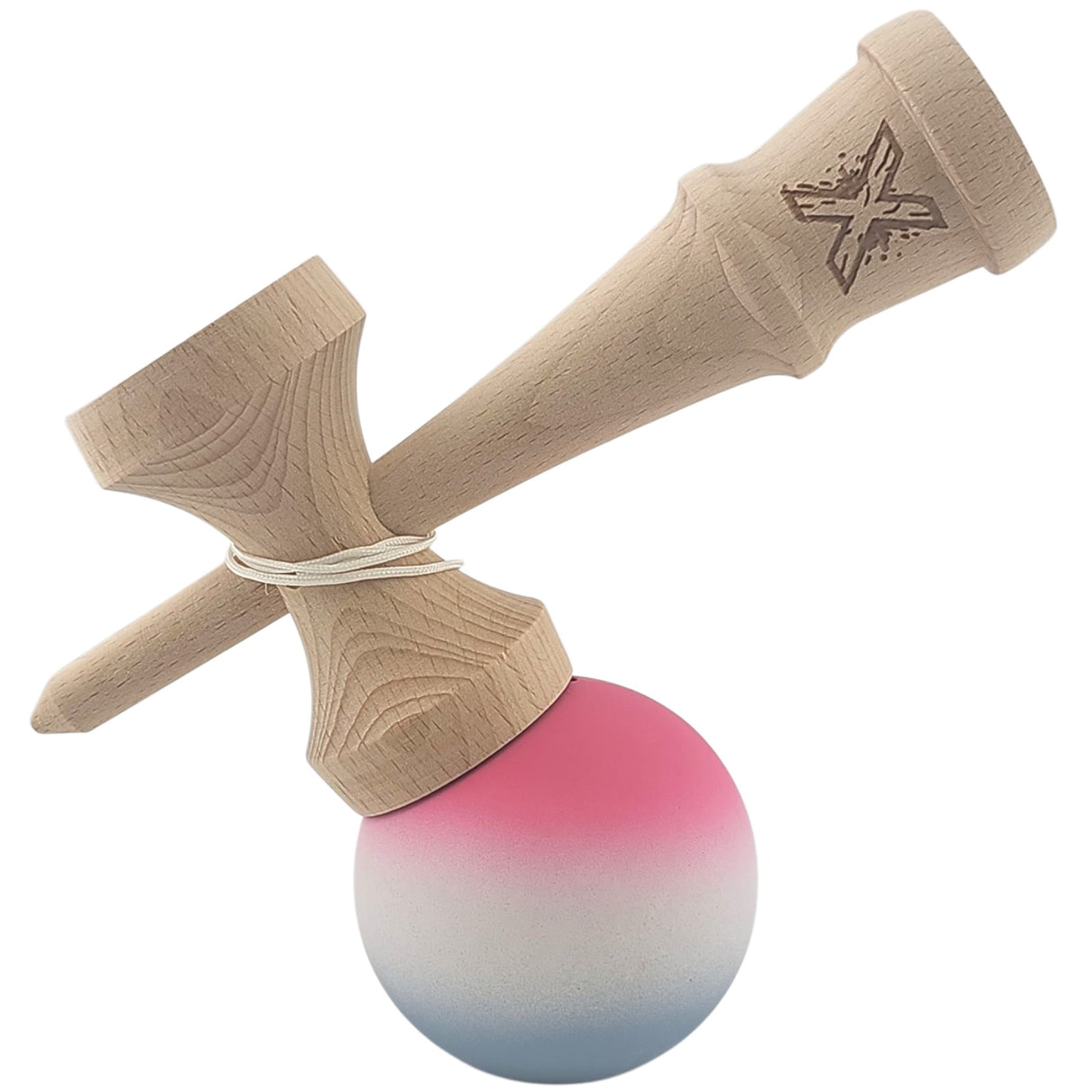 Kendama X Originala, Profesionala, Vivimall, din Lemn, Rubber Grip, 18 cm, Roz/Alb/Gri - vivimall.ro
