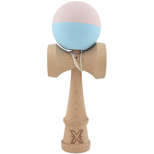 Kendama X Originala, Profesionala,  Vivimall, din lemn, Rubber Grip, 18 cm, Roz/Albastru - vivimall.ro