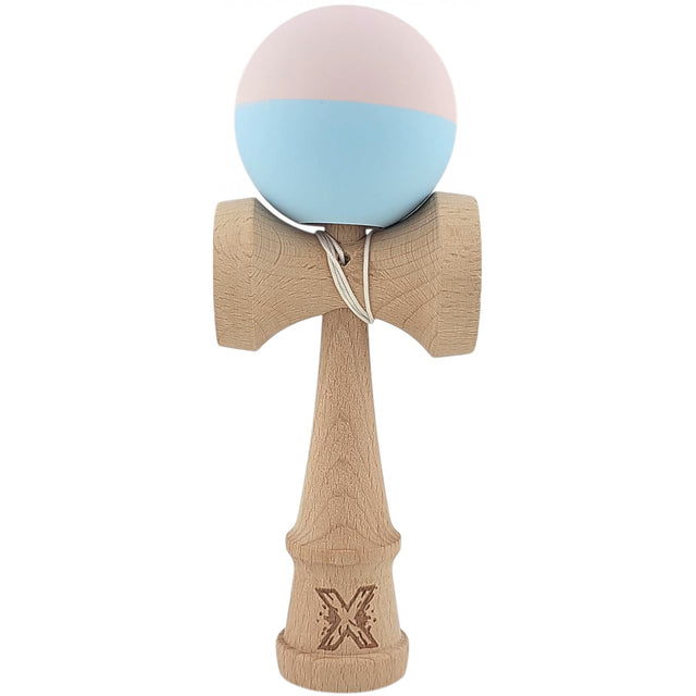 Kendama X Originala, Profesionala,  Flippy, din lemn, Rubber Grip, 18 cm, Roz/Albastru - vivimall.ro