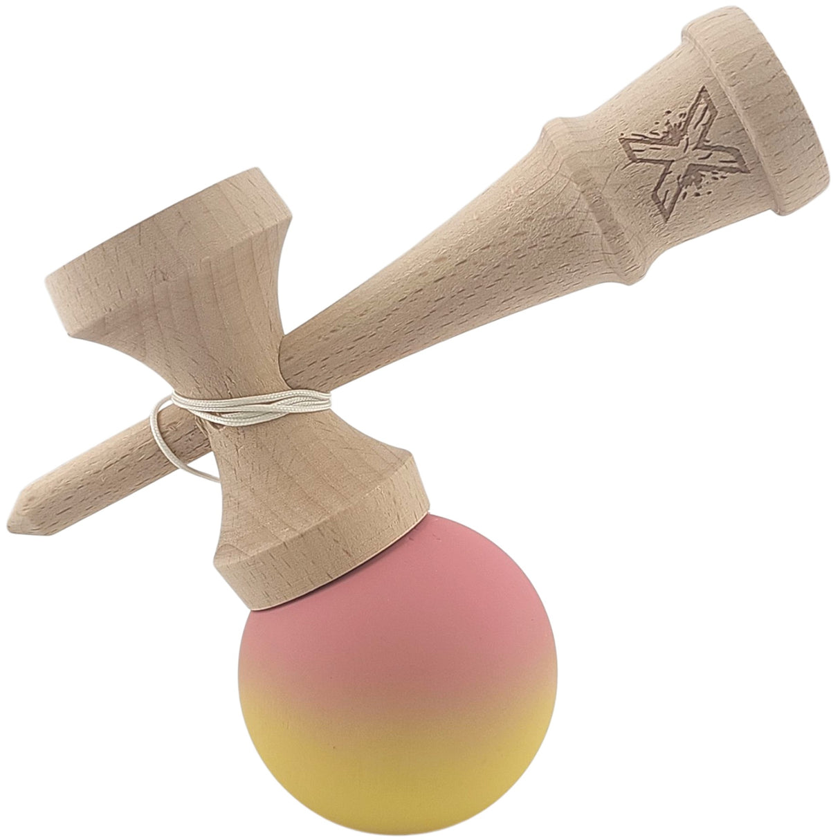 Kendama X Originala, Profesionala, Vivimall, din Lemn, Rubber Grip, 18 cm, Roz/Galben - vivimall.ro