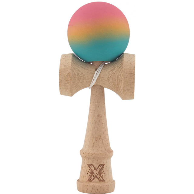 Kendama X Originala, Profesionala, Vivimall, din Lemn, Rubber Grip, 18 cm, Roz/Galben/Albastru - vivimall.ro