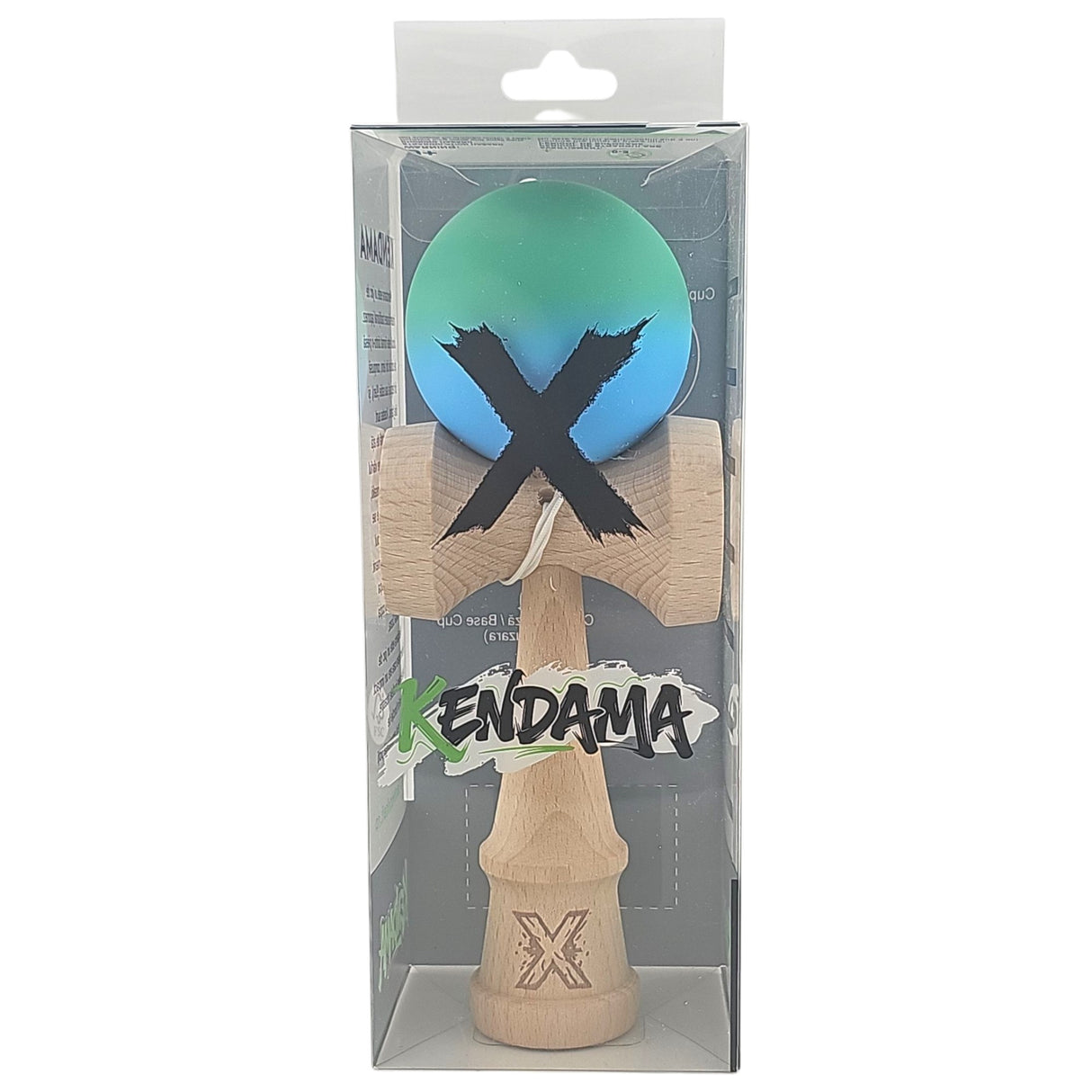 Kendama X Originala, Profesionala, Vivimall, din Lemn, Rubber Grip, 18 cm, Verde/Albastru - vivimall.ro