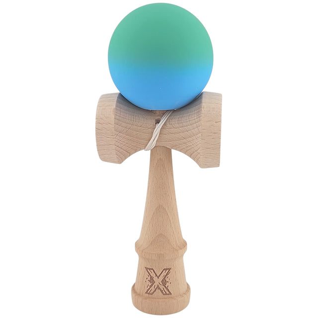 Kendama X Originala, Profesionala, Vivimall, din Lemn, Rubber Grip, 18 cm, Verde/Albastru - vivimall.ro