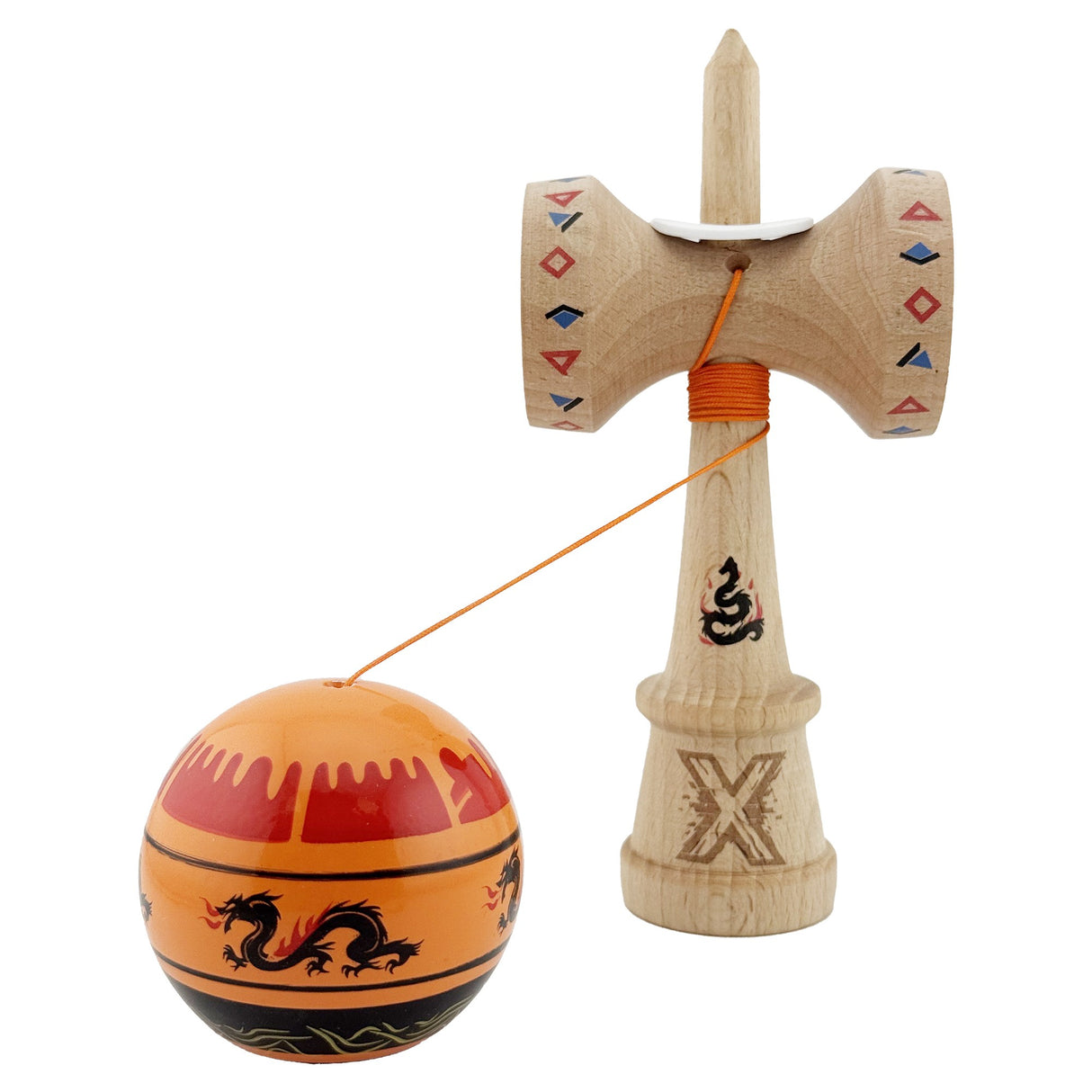 Kendama X Originala, Profesionala, Vivimall, DRAGON Series, Super Sticky cu Cupe Mari King Size V3, Rulment Metalic si Gaura in Baza, din Lemn 18 cm, Ata 55 cm, Portocaliu/Negru - vivimall.ro