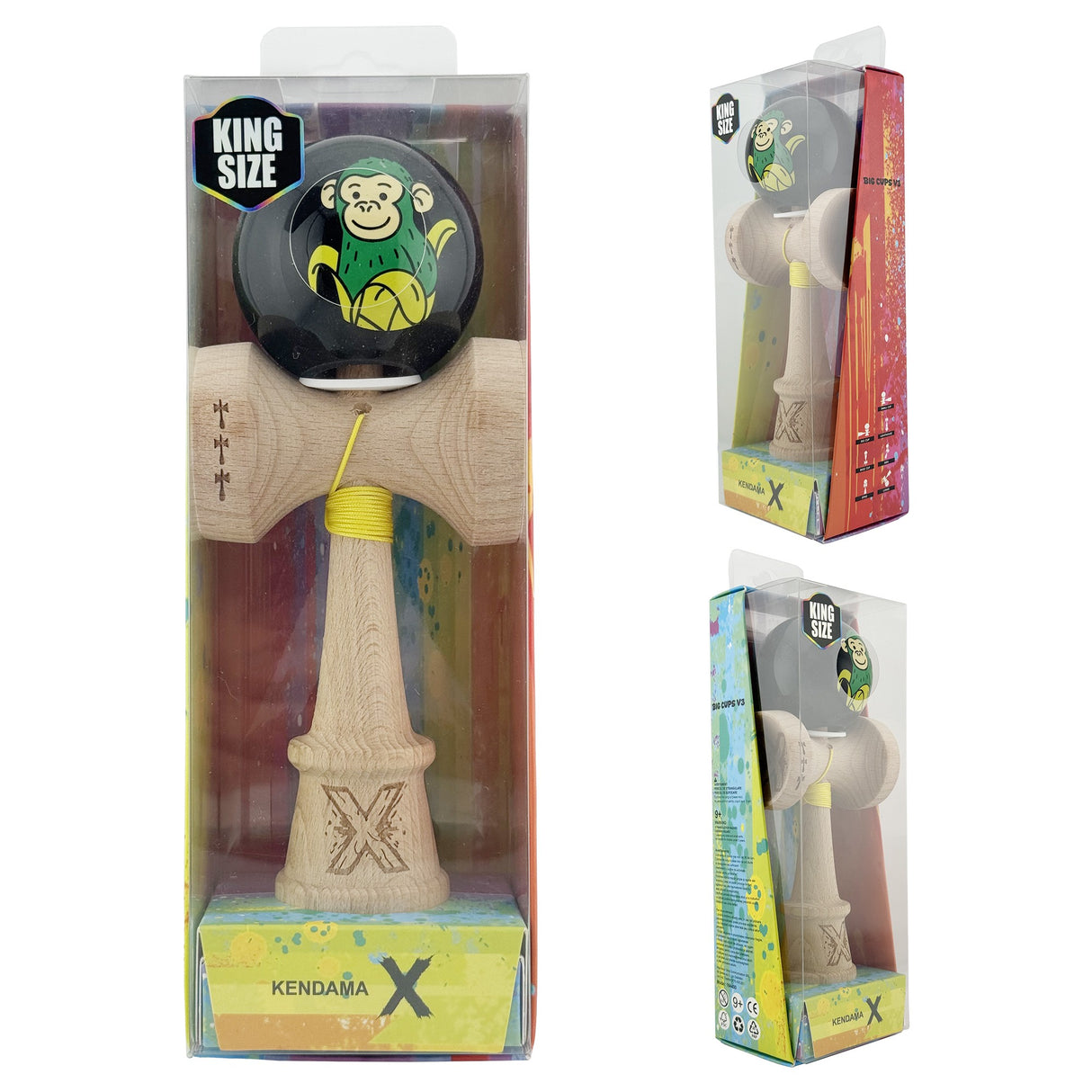 Kendama X Originala, Profesionala, Vivimall, Green Monkey, Super Sticky cu Cupe Mari King Size V3, Rulment Metalic si Gaura in Baza, din Lemn 18 cm, Ata 55 cm, Negru - vivimall.ro