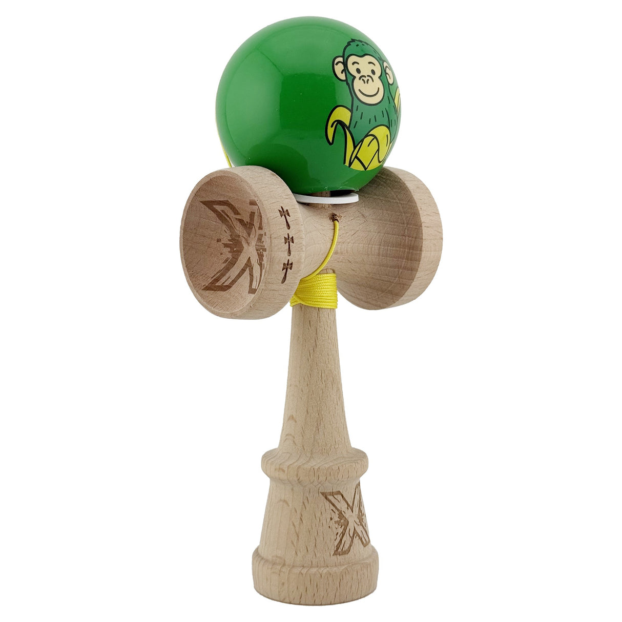 Kendama X Originala, Profesionala, Vivimall, Green Monkey, Super Sticky cu Cupe Mari King Size V3, Rulment Metalic si Gaura in Baza, din Lemn 18 cm, Ata 55 cm, Verde - vivimall.ro