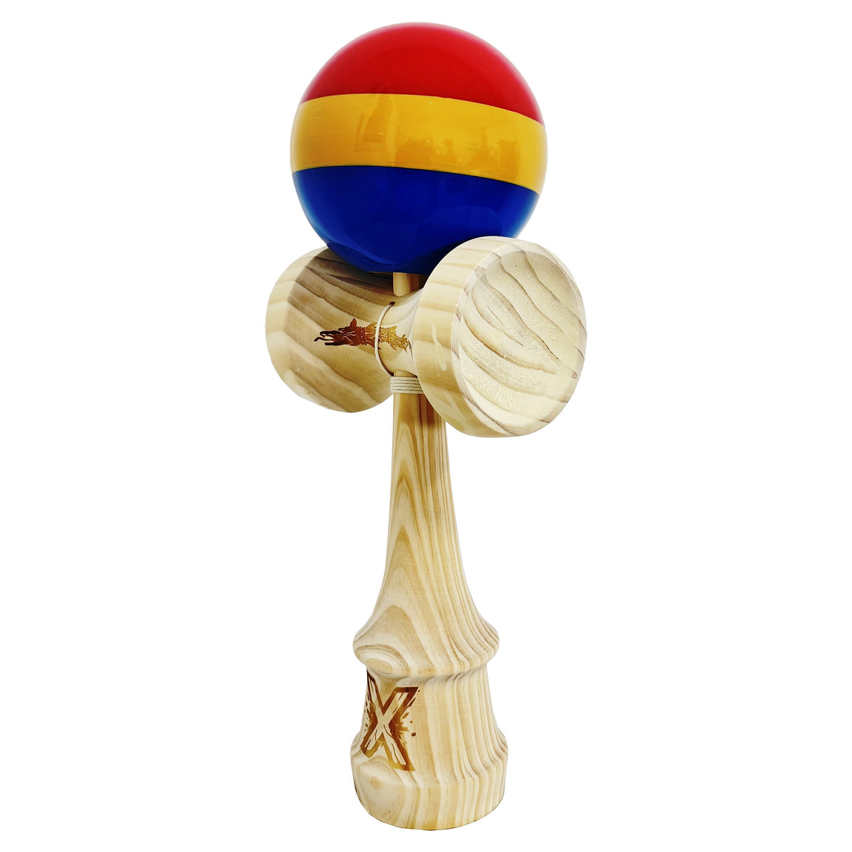 Kendama originală profesională, ață colorată 95 cm, structură lemn echilibrată, model Super Big – vedere laterală