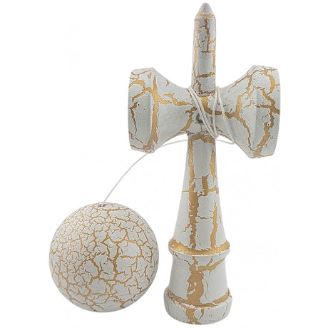 Kendama X Originala, Profesionala, Flippy, Kendama Cracked, din Lemn – 18 cm, Alb/Galben - vivimall.ro