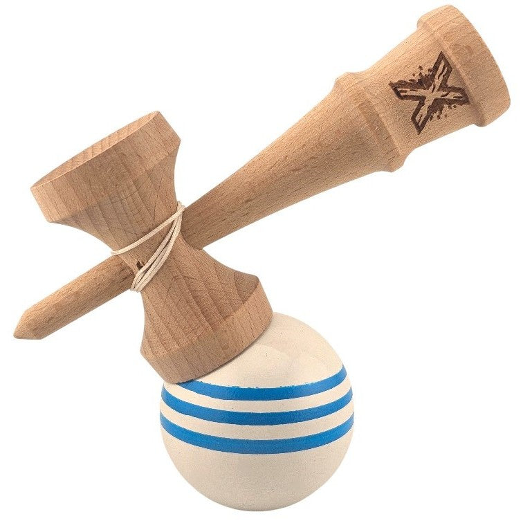Kendama X Originala, Profesionala, Flippy, Original Super Sticky, din Lemn, 18 cm, Dark Alb/Albastru - vivimall.ro