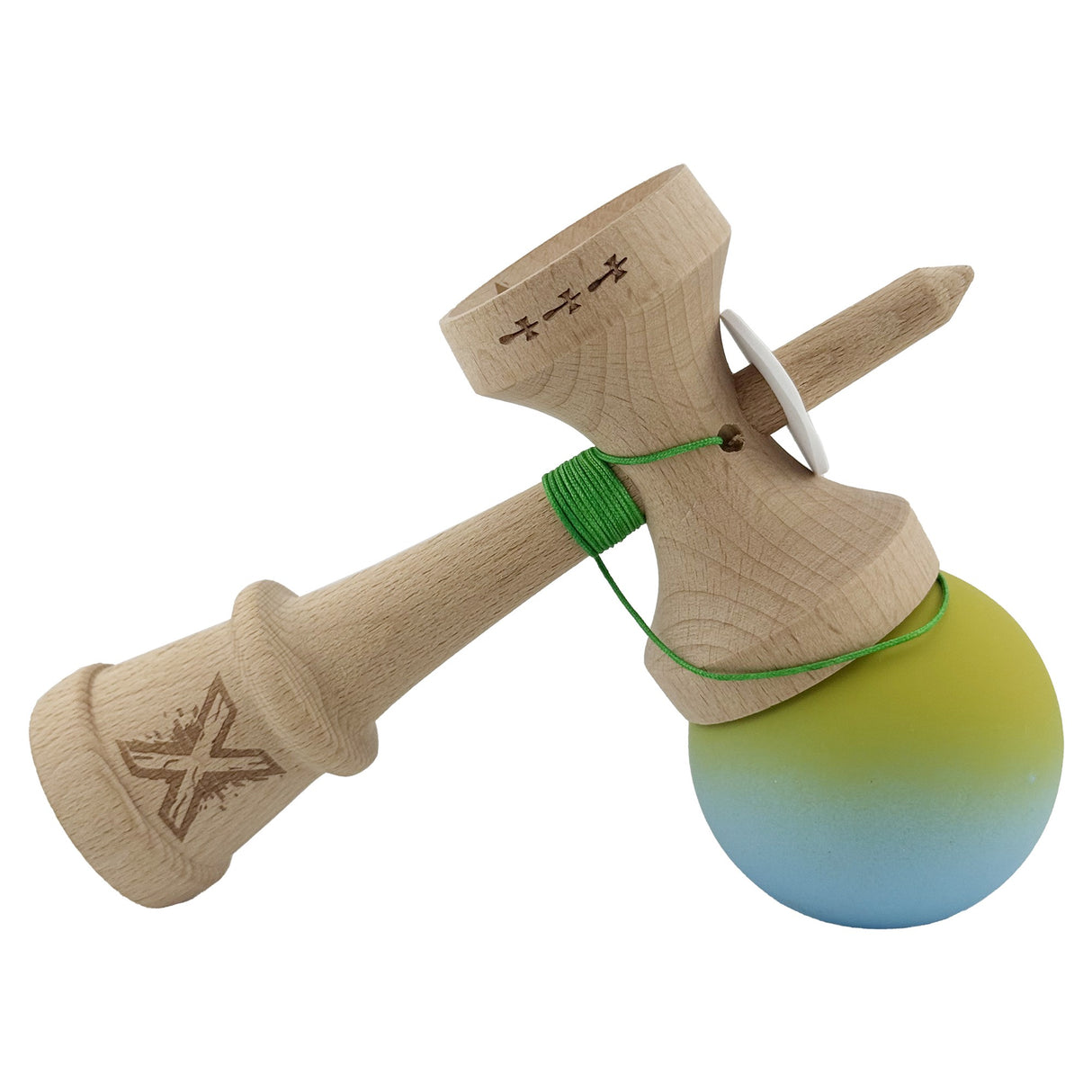 Kendama X Originala, Profesionala, Vivimall, Big Cups V3, Rubber Grip model galben/albastru - vivimall.ro