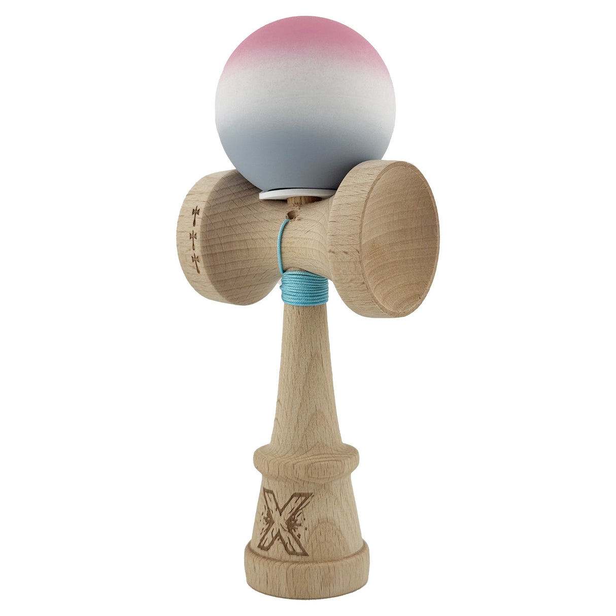 Kendama X Originala, Profesionala, Vivimall, Rubber Grip, Cupe Mari KING SIZE V3, Gaura in Baza, Rulment Metalic, din lemn 18 cm, Ata 55 cm, Gradient Roz/Alb/Gri - vivimall.ro