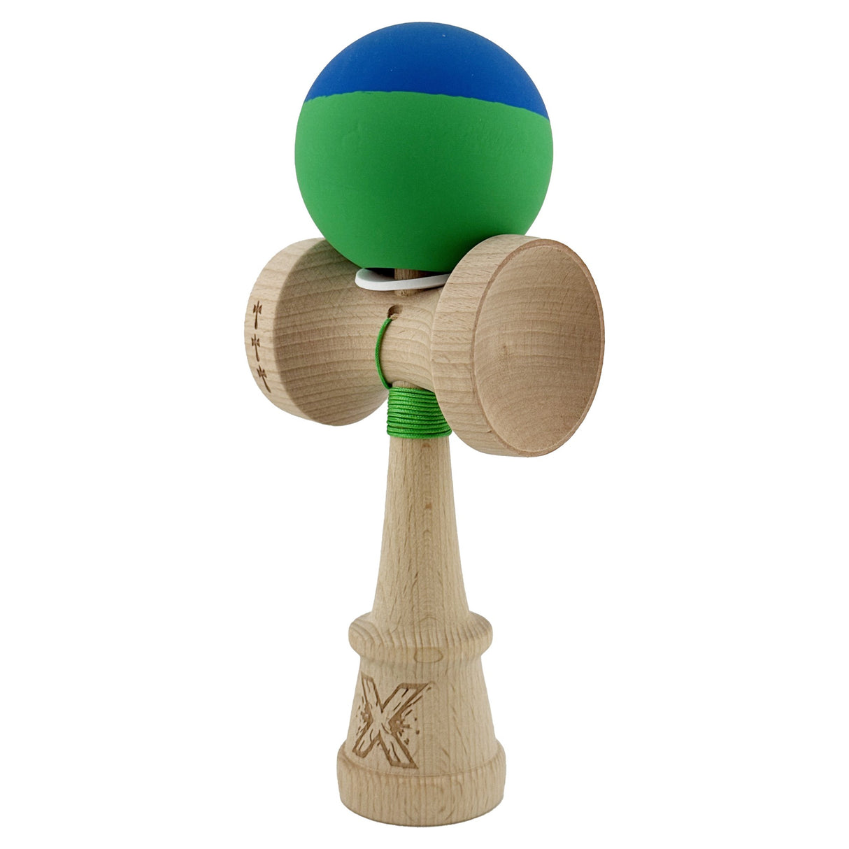 Kendama X Originala, Profesionala, Vivimall, Rubber Grip, Cupe Mari KING SIZE V3, Gaura in Baza, Rulment Metalic, din lemn 18 cm, Ata 55 cm, Bicolor Albastru/Verde - vivimall.ro