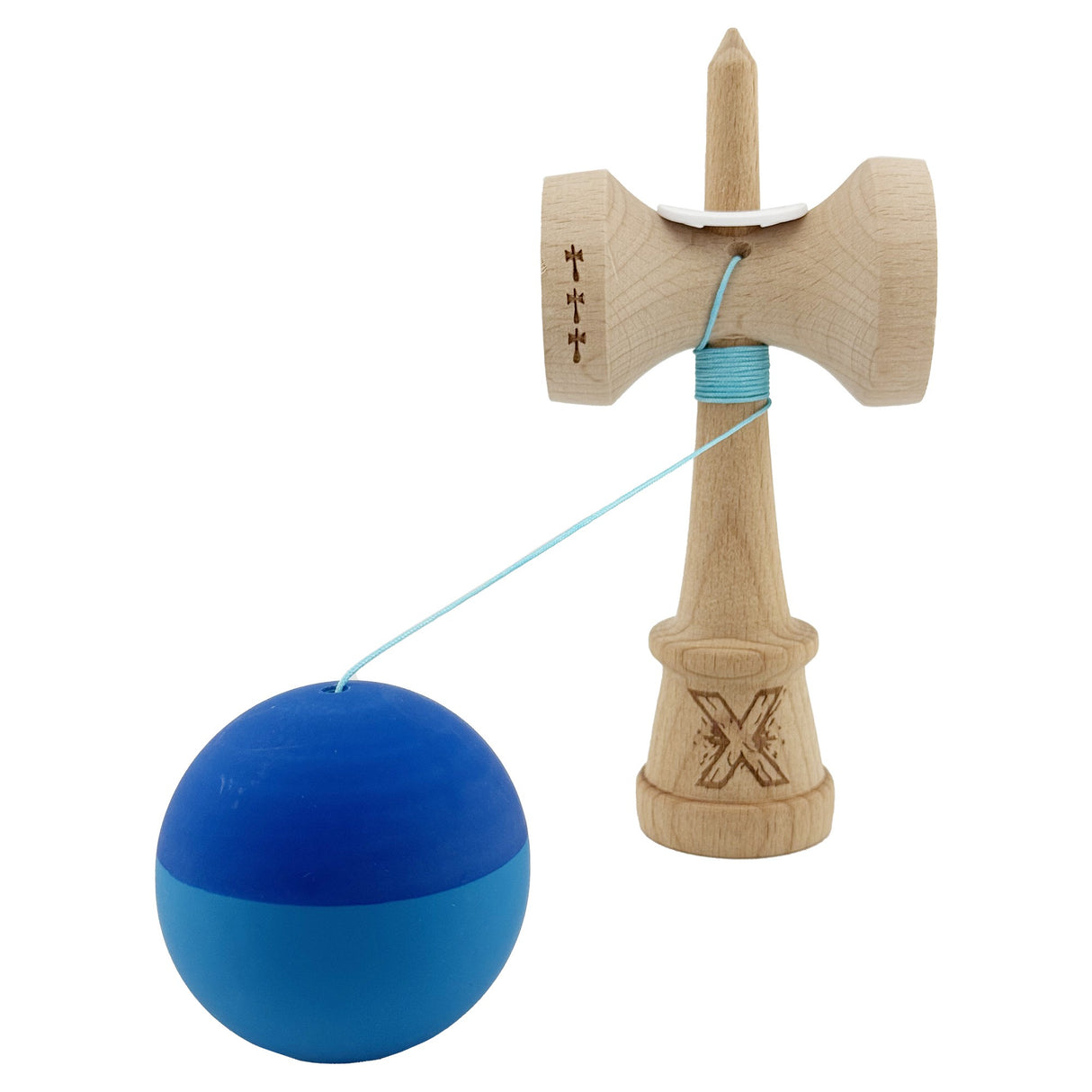 Kendama X Originala, Profesionala, Vivimall, Rubber Grip, Cupe Mari KING SIZE V3, Gaura in Baza, Rulment Metalic, din lemn 18 cm, Ata 55 cm, Bicolor Albastru/Albastru deschis - vivimall.ro
