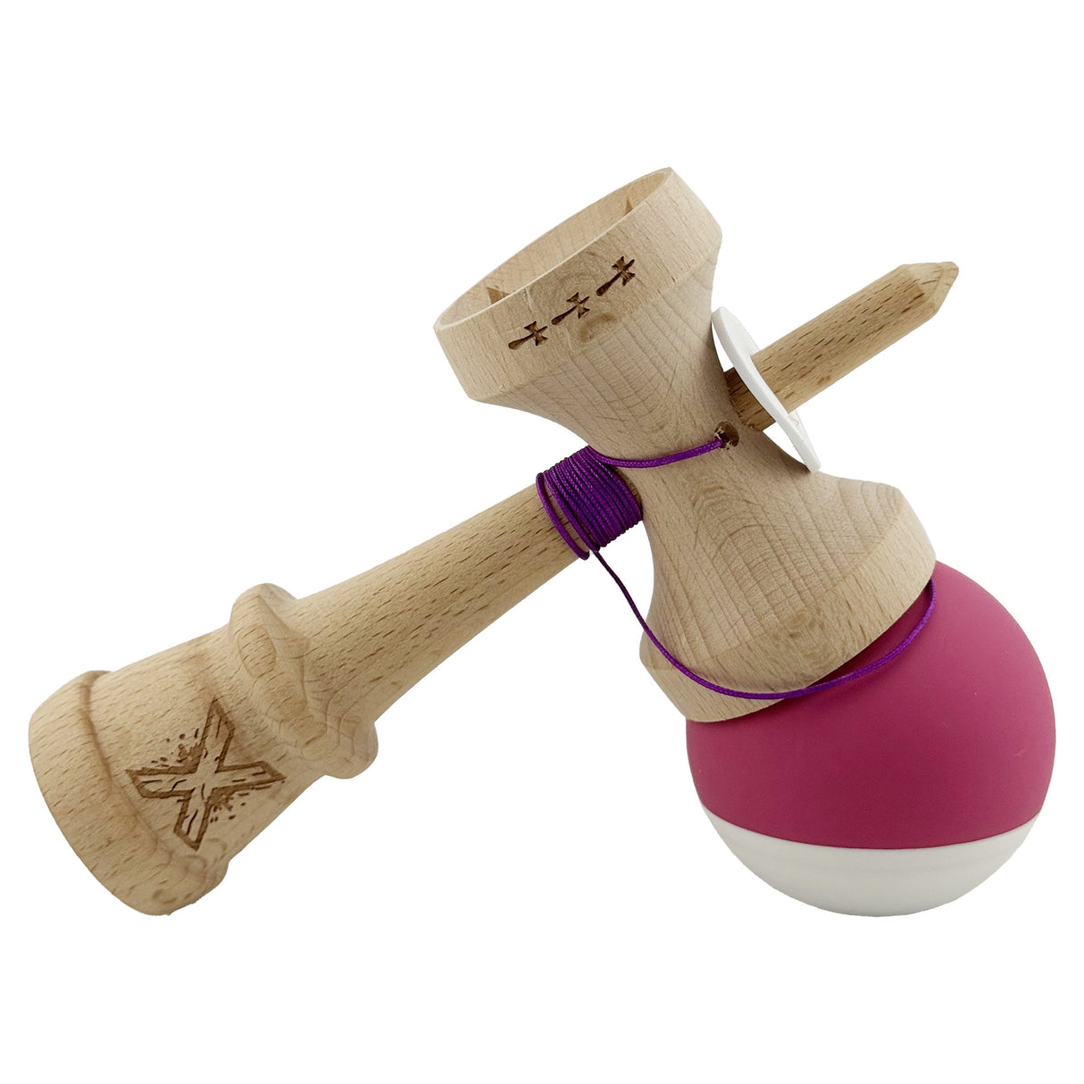 Kendama X Originala, Profesionala, Vivimall, Rubber Grip, Cupe Mari KING SIZE V3, Gaura in Baza, Rulment Metalic, din lemn 18 cm, Ata 55 cm, Bicolor Roz inchis/Alb - vivimall.ro
