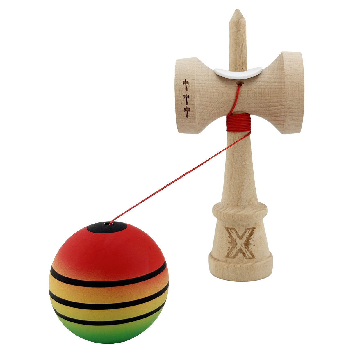 Kendama X Originala, Profesionala, Vivimall, Rubber Grip, Cupe Mari KING SIZE V3, Gaura in Baza, Rulment Metalic, din lemn 18 cm, Ata 55 cm, Special Rosu/Galben/Verde - vivimall.ro