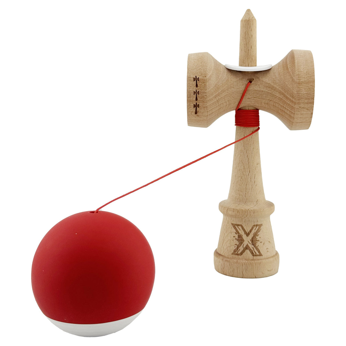 Kendama X Originala, Profesionala, Vivimall, Rubber Grip, Cupe Mari KING SIZE V3, Gaura in Baza, Rulment Metalic, din lemn 18 cm, Ata 55 cm, Bicolor Rosu/Alb - vivimall.ro