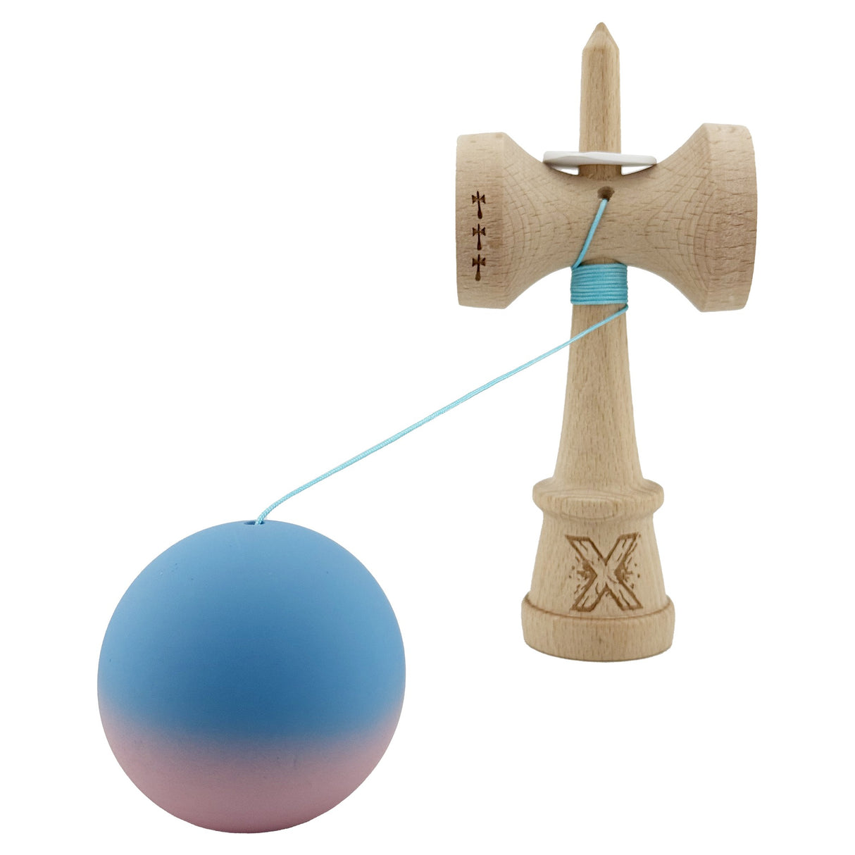 Kendama X Originala, Profesionala, Vivimall, Rubber Grip, Cupe Mari KING SIZE V3, Gaura in Baza, Rulment Metalic, din lemn 18 cm, Ata 55 cm, Gradient Albastru/Roz - vivimall.ro