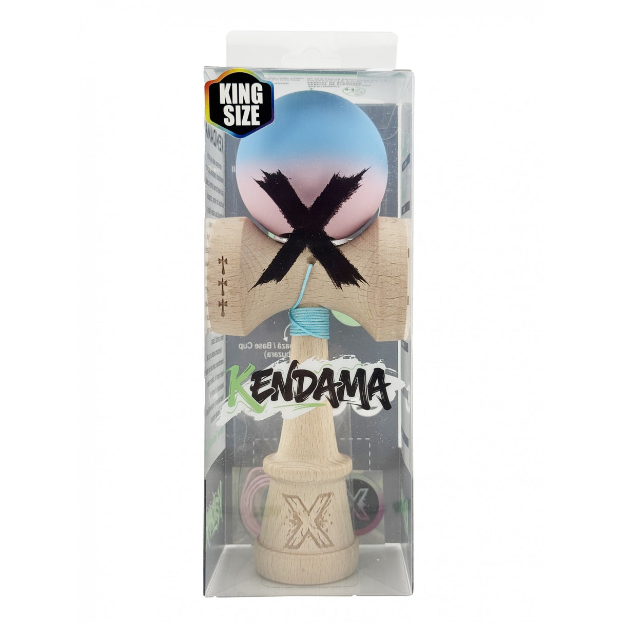 Kendama X Originala, Profesionala, Vivimall, Rubber Grip, Cupe Mari KING SIZE V3, Gaura in Baza, Rulment Metalic, din lemn 18 cm, Ata 55 cm, Gradient Albastru/Roz - vivimall.ro
