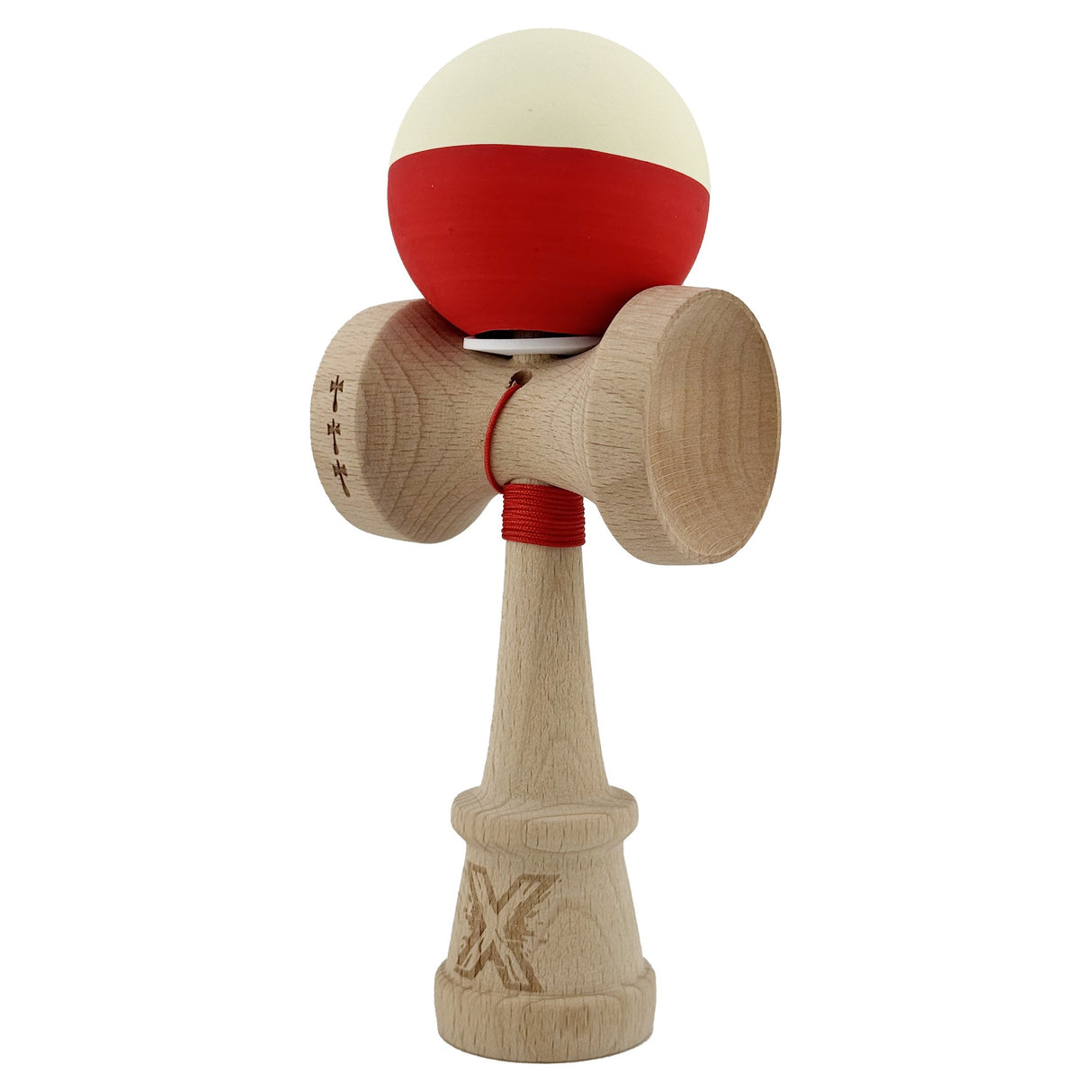 Kendama X Originala, Profesionala, Vivimall, Rubber Grip, Cupe Mari KING SIZE V3, Gaura in Baza, Rulment Metalic, din lemn 18 cm, Ata 55 cm, Bicolor Galben/Rosu - vivimall.ro