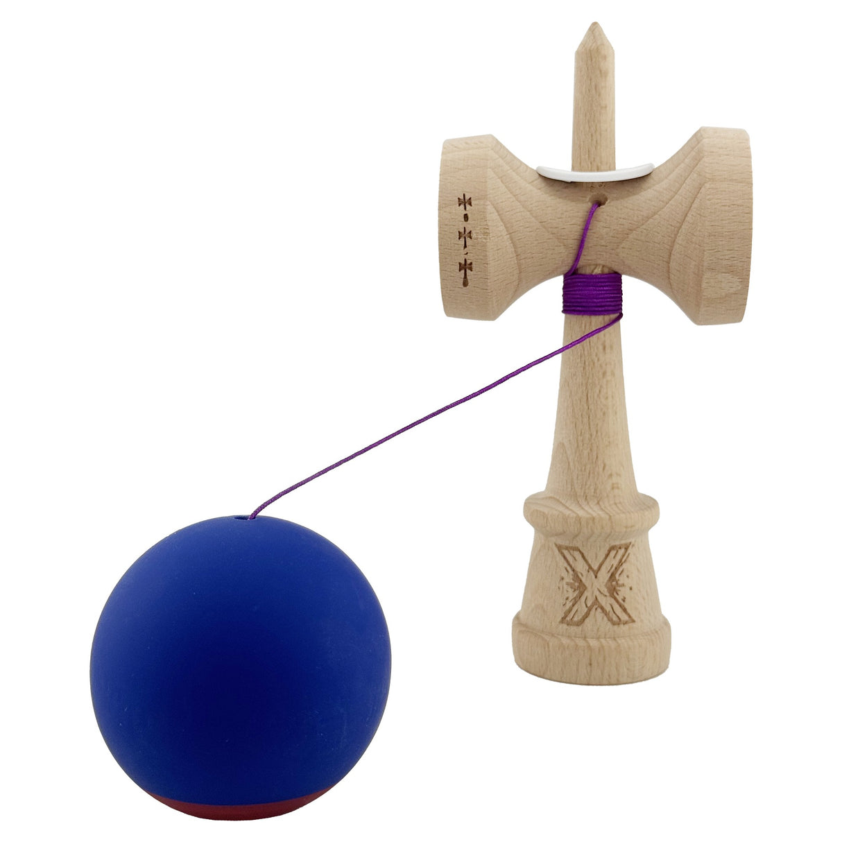 Kendama X Originala, Profesionala, Vivimall, Rubber Grip, Cupe Mari KING SIZE V3, Gaura in Baza, Rulment Metalic, din lemn 18 cm, Ata 55 cm, Bicolor Albastru inchis/Rosu - vivimall.ro