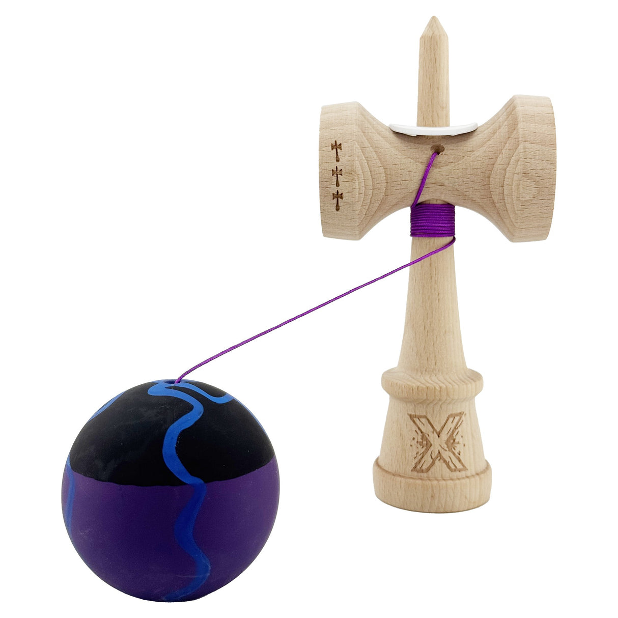 Kendama X Originala, Profesionala, Vivimall, Rubber Grip, Cupe Mari KING SIZE V3, Gaura in Baza, Rulment Metalic, din lemn 18 cm, Ata 55 cm, Special Negru/Mov/Albastru - vivimall.ro
