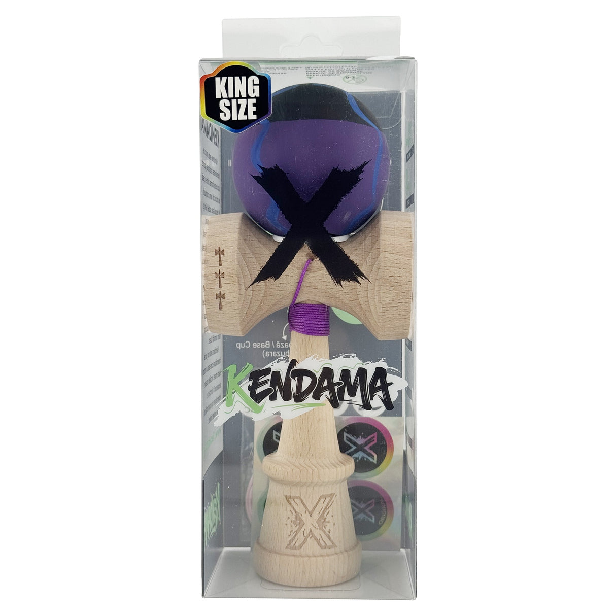 Kendama X Originala, Profesionala, Vivimall, Rubber Grip, Cupe Mari KING SIZE V3, Gaura in Baza, Rulment Metalic, din lemn 18 cm, Ata 55 cm, Special Negru/Mov/Albastru - vivimall.ro