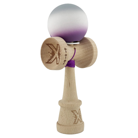 Kendama X Originala, Profesionala, Vivimall, Rubber Grip, Cupe Mari KING SIZE V3, Gaura in Baza, Rulment Metalic, din lemn 18 cm, Ata 62/65 cm, Gradient Gri/Alb/Mov - vivimall.ro