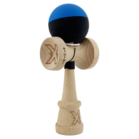 Kendama X Originala, Profesionala, Vivimall, Rubber Grip, Cupe Mari KING SIZE V3, Gaura in Baza, Rulment Metalic, din lemn 18 cm, Ata 55 cm, Bicolor Albastru/Negru - vivimall.ro