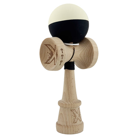 Kendama X Originala, Profesionala, Vivimall, Rubber Grip, Cupe Mari KING SIZE V3, Gaura in Baza, Rulment Metalic, din lemn 18 cm, Ata 55 cm, Bicolor Galben/Negru - vivimall.ro