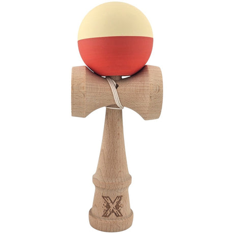 Kendama X Originala, Profesionala, Flippy, Rubber Grip, din Lemn, 18 cm, Galben deschis/Rosu - vivimall.ro