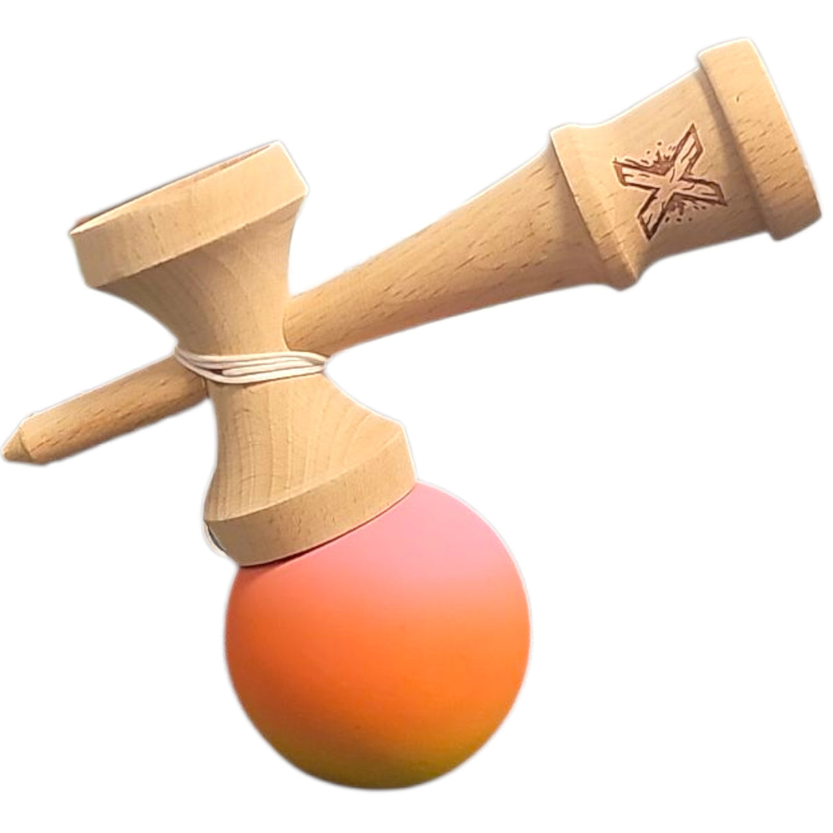 Kendama X Originala, Profesionala, Vivimall, Rubber Grip, din Lemn, 18 cm, Roz/Portocaliu/Galben