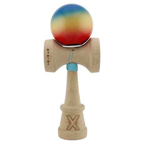 Kendama X Originala, Profesionala, Flippy, Super Sticky cu Cupe Mari KING SIZE V3, Gaura in Baza, Rulment Metalic, din lemn 18 cm, Ata 62/65 cm, Gradient Albastru/Galben/Rosu - vivimall.ro