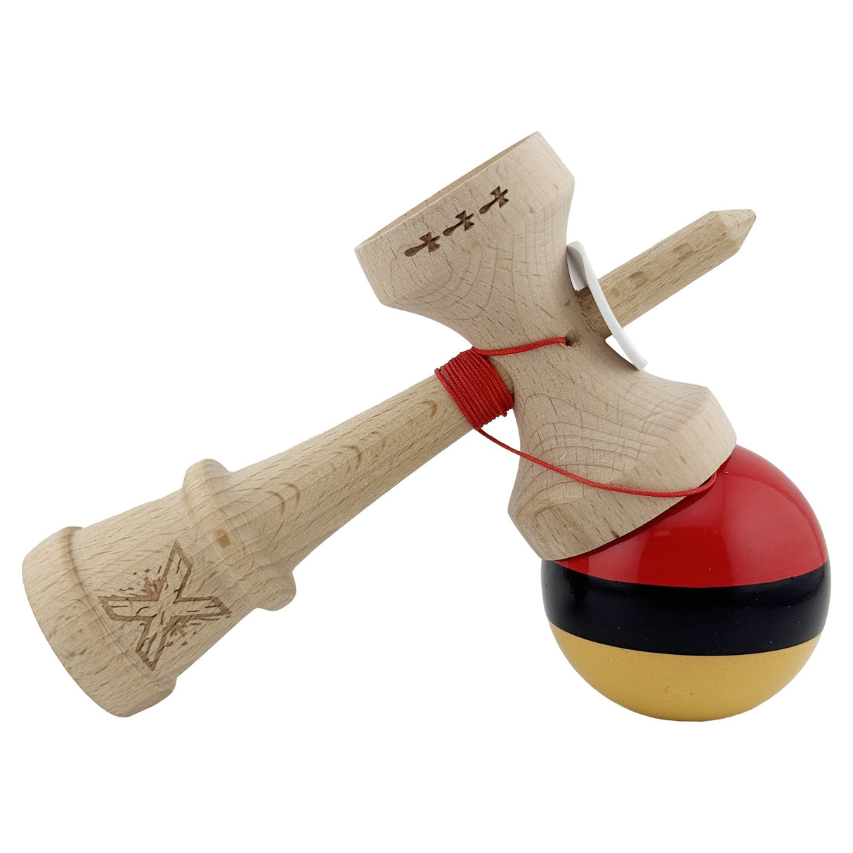 Kendama X Originala, Profesionala, Flippy, Super Sticky cu Cupe Mari KING SIZE V3, Gaura in Baza, Rulment Metalic, din lemn 18 cm, Ata 62/65 cm, Rosu/Negru/Galben- - vivimall.ro