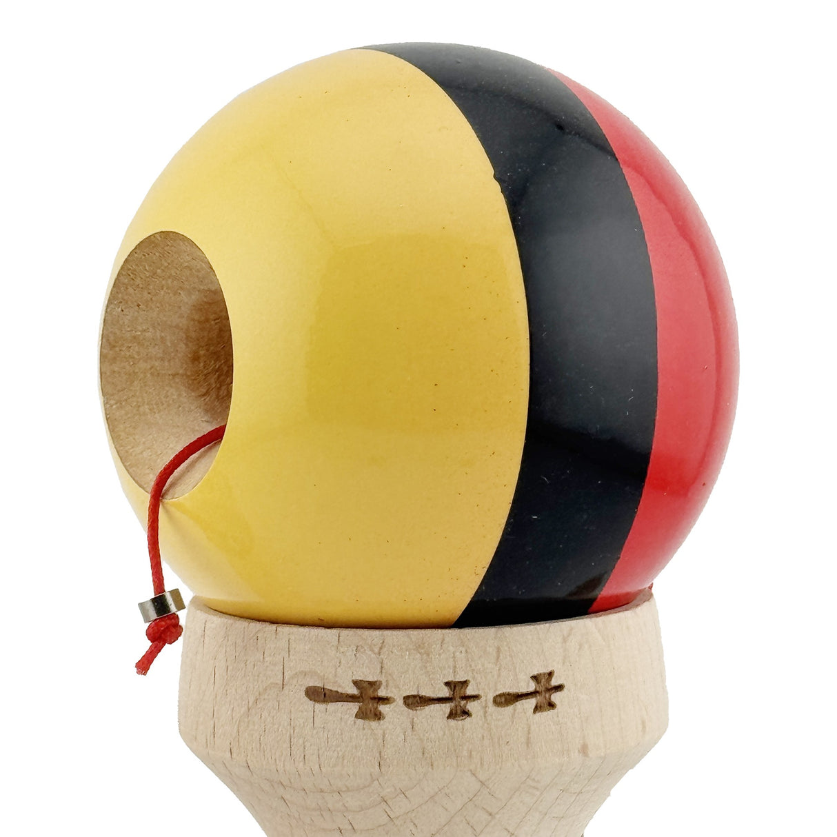 Kendama X Originala, Profesionala, Flippy, Super Sticky cu Cupe Mari KING SIZE V3, Gaura in Baza, Rulment Metalic, din lemn 18 cm, Ata 62/65 cm, Rosu/Negru/Galben- - vivimall.ro