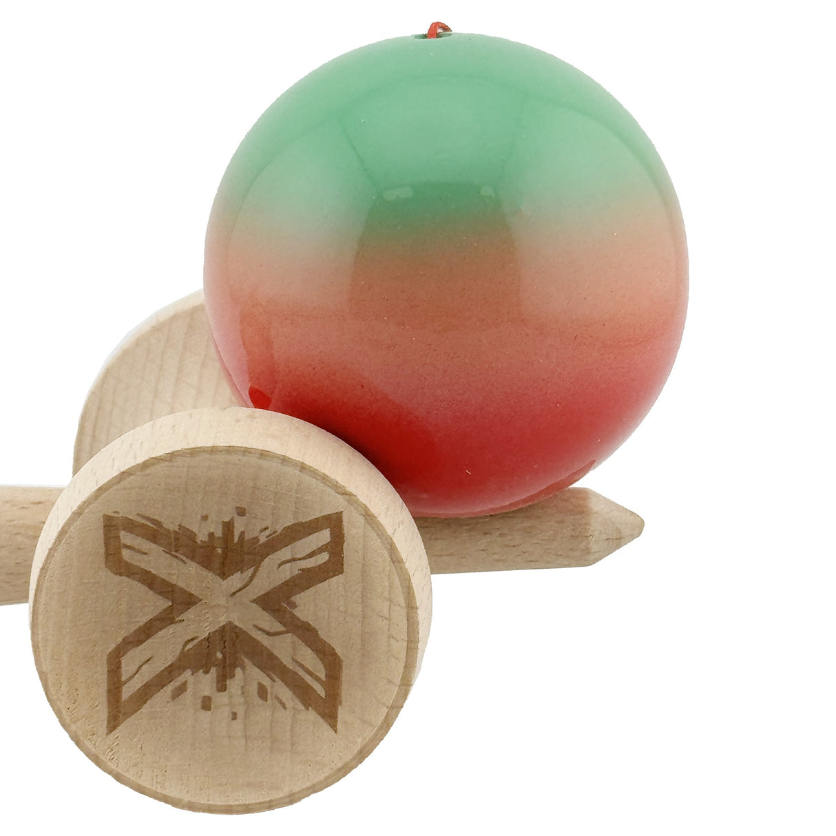 Kendama X Originala, Profesionala, Flippy, Super Sticky cu Cupe Mari KING SIZE V3, Gaura in Baza, Rulment Metalic, din lemn 18 cm, Ata 62/65 cm, Gradient Verde/Portocaliu/Rosu - vivimall.ro