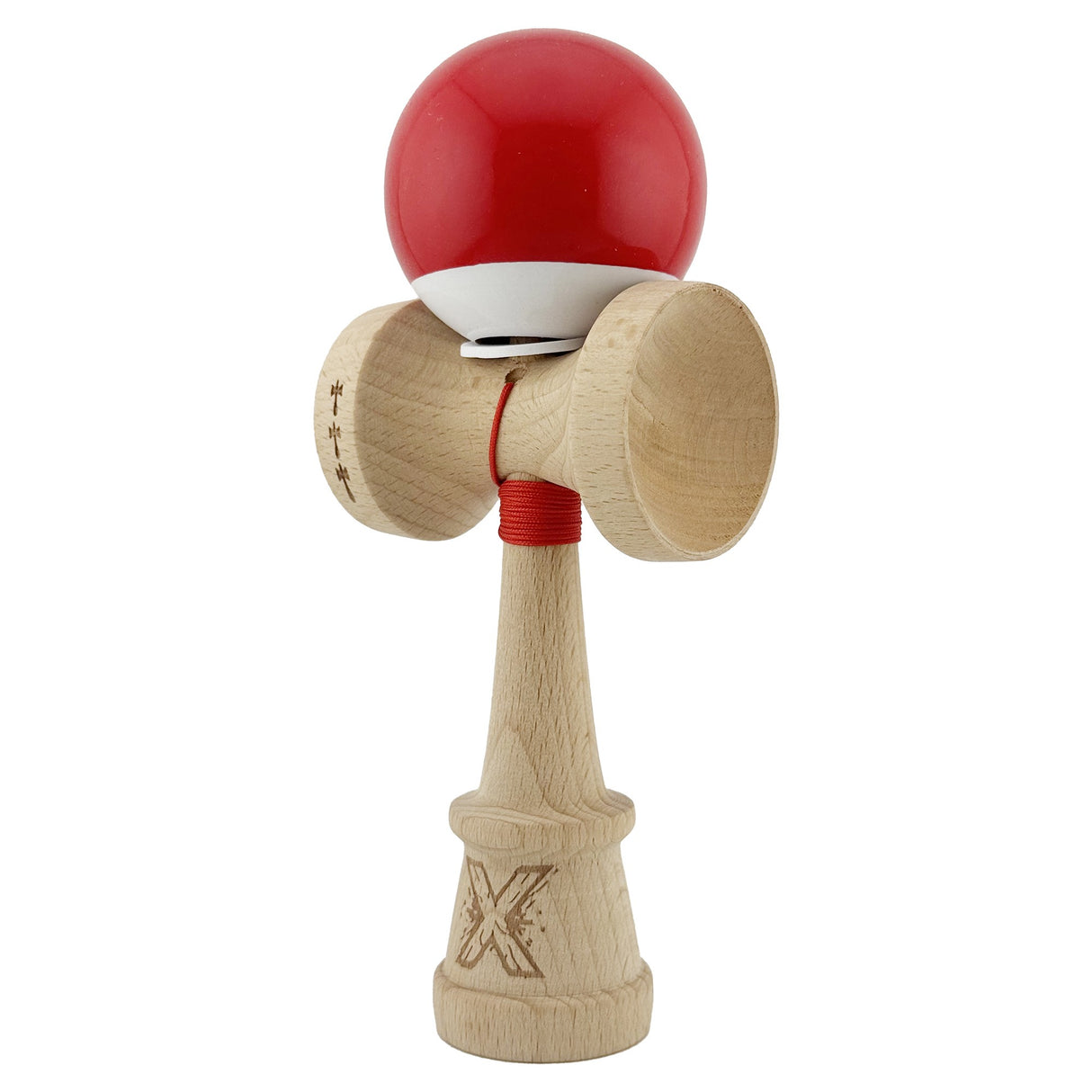 Kendama originală profesională cu rulment metalic integrat, vedere laterală, model Roșu/Alb